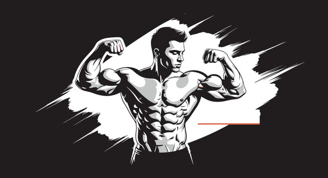 Bold black and white graphic illustration of a highly muscular bodybuilder man flexing his arm and abdominal muscles.