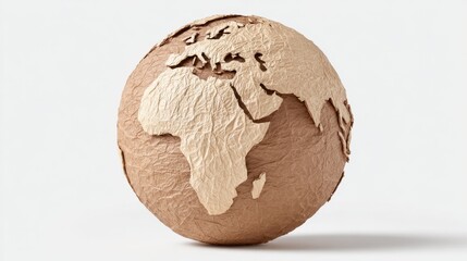 Naklejka premium Earth Model Crafted from Paper with Detailed Texture Showcasing Continents and Natural Elements in Warm Tones