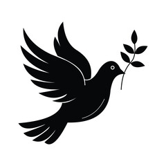 Fototapeta premium Peace dove flying with olive branch icon black silhouette vector illustration