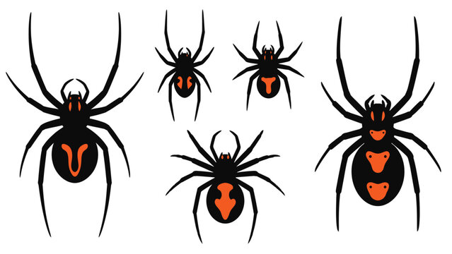 Collection of stylized black widow spiders with orange markings on a white background.