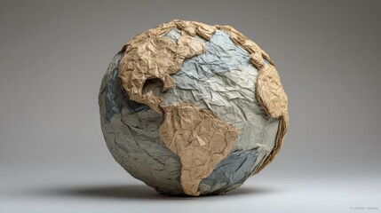 Naklejka premium Handcrafted Textured Globe Model Representing Earth with a Detailed Map of Continents and Oceans in Neutral Tones