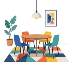 Fototapeta premium Modern interior scene featuring a wooden dining table and chairs in vibrant hues set on a geometric rug ideal for lifestyle and home decor concepts vector isolated on white