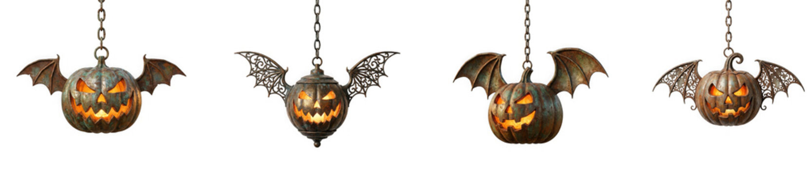 Set of hanging jackolantern pumpkins with bat wings as PNG element isolated on transparent background