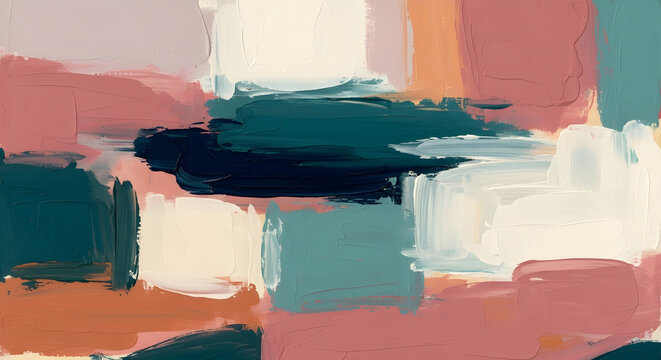 Abstract acrylic art background set in soft dusty rose, deep teal, and warm ivory earthy tones. Hand painted expressive canvas painting collection for contemporary wall art and branding design.