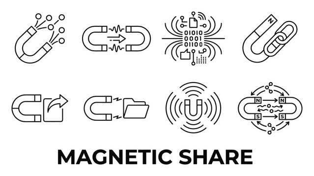 Magnetic share icons horseshoe magnet data transfer connection network link file share symbol.