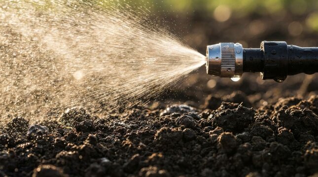 Close up of a garden hose nozzle spraying water over soil.