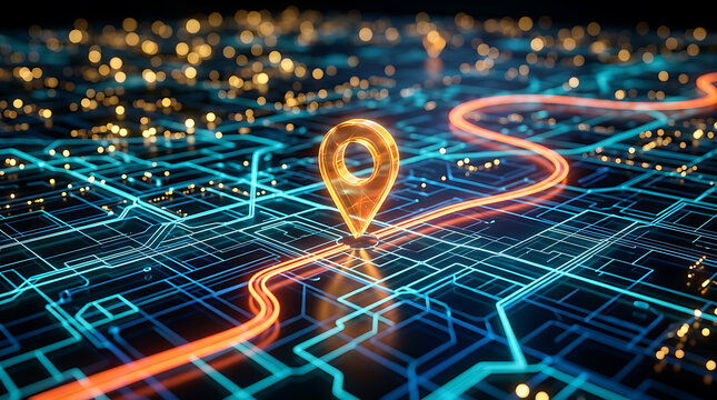Digital Map Navigation Concept With Glowing Location Pin And Glowing Data Connection Lines