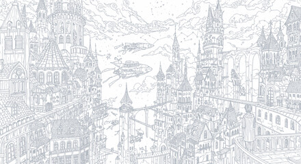 Fototapeta premium Fantasy cityscape, medieval architecture, illustration, grayscale, urban landscape, castle, mountains