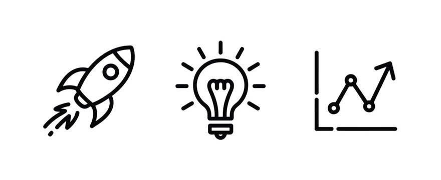 Innovation and data analysis icon collection with rocket ship lightbulb and statistical trend line for tech reports business intelligence and modern analytics visualization vector set