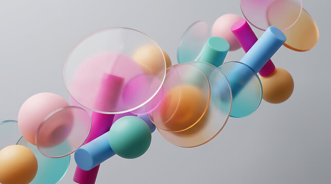 Abstract 3D Geometric Shapes Composition With Colorful Spheres Cylinders And Translucent Glass Disks