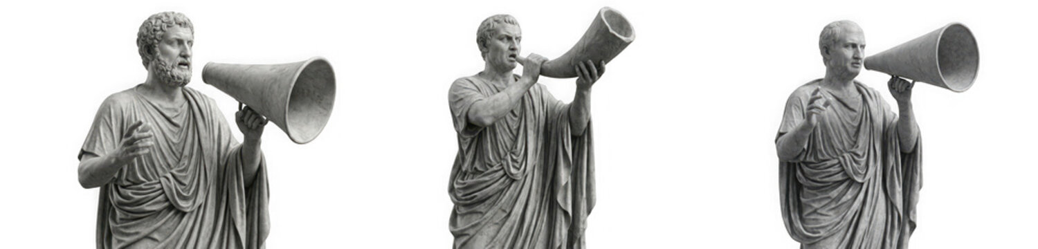 Classic roman statue holding modern megaphone as clean cutout isolated on transparent background