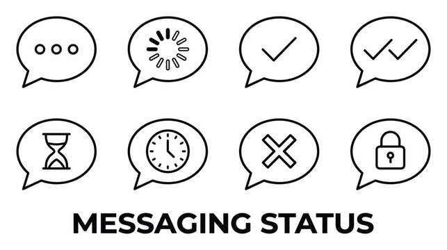 Messaging status icons with speech bubbles dots loading checkmark cross clock hourglass.