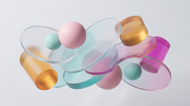 Abstract 3d geometric shapes composition with colorful translucent glass spheres and cylinders floating