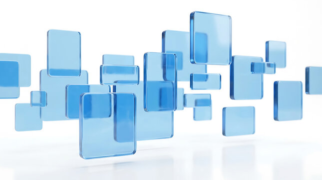 Abstract Blue Glass Squares Floating In White Space Digital Technology Background Concept