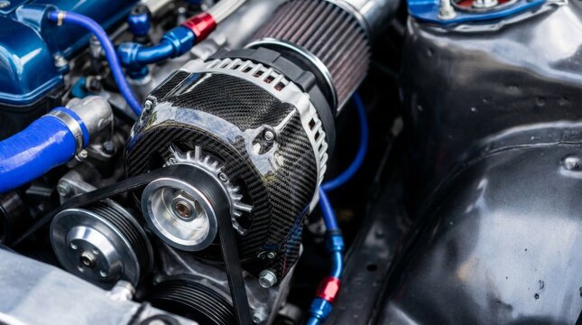 Close up view of a high performance modified car engine compartment.