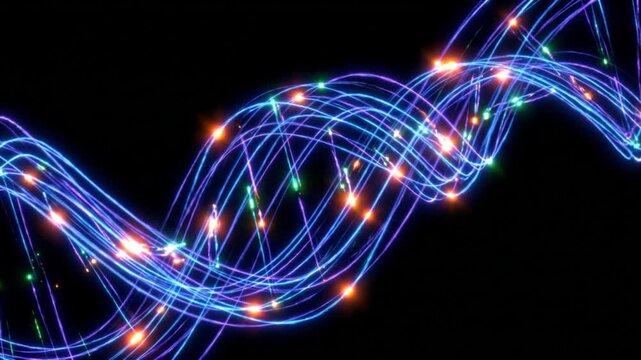 暗闇で発光してデジタルデータを書き換えるDNA二重らせんの抽象的なループ背景