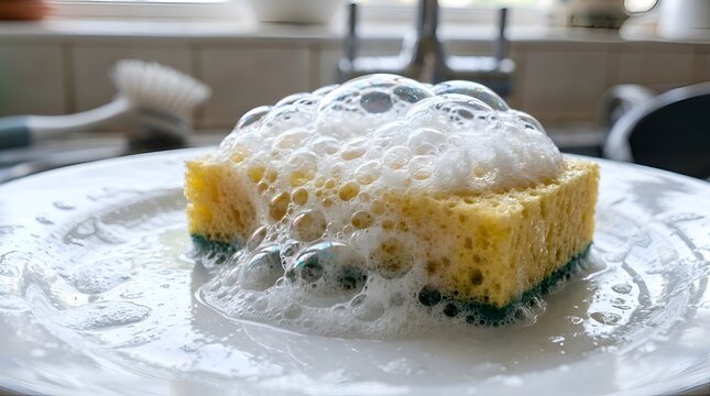 Soapy Kitchen Sponge on Dish in Bright Daylight