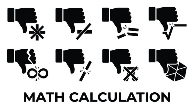 Set of black math calculation icons with thumbs down indicating errors and problems in learning.