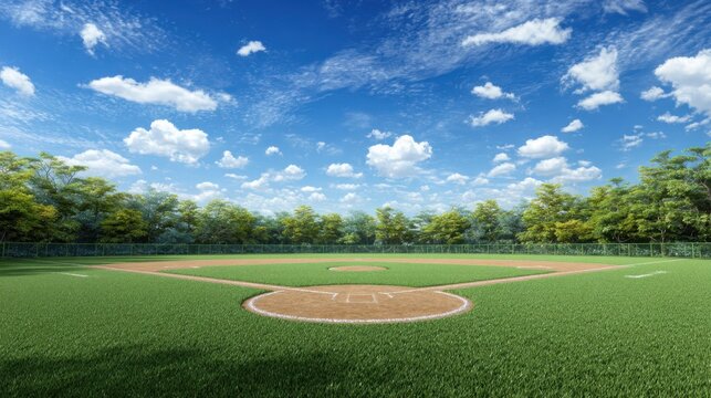 Scenic baseball field under a bright blue sky with fluffy clouds and lush greenery in the background, perfect for sports themes