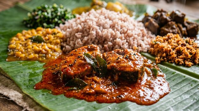Ultra Realistic Macro Sri Lankan Rice and Curry on Banana Leaf with Dhal Coconut Sambol and Aubergine Curry