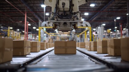 Fototapeta premium Automated robotic arm placing cardboard boxes on conveyor belt in modern warehouse facility during daytime operations