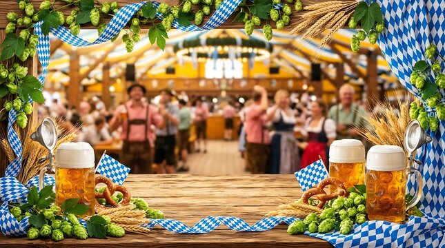 Oktoberfest Beer Tent Celebration with Traditional German Food and Drink.