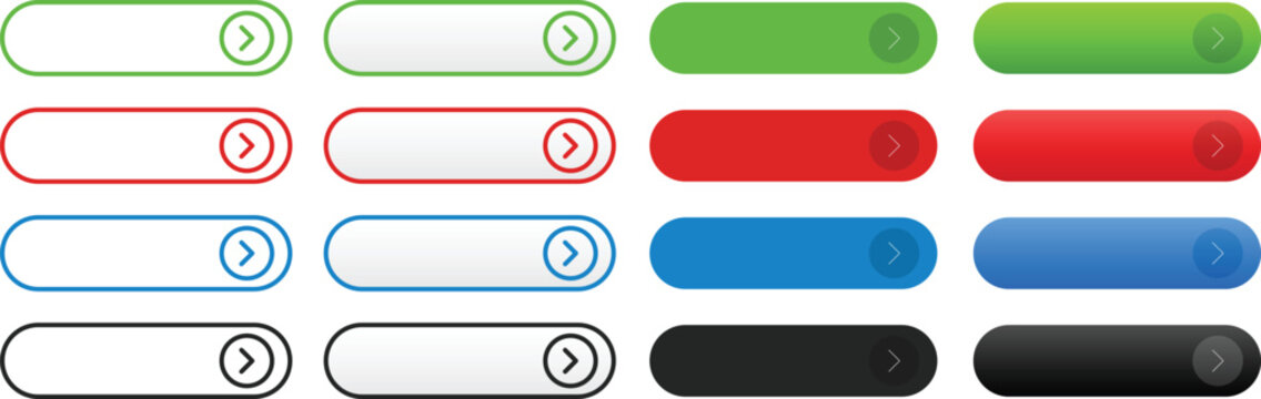 Modern vector set of blank rounded web buttons with right arrow icons, featuring outlined and solid styles in green, red, blue, and black for user interface and web design.
