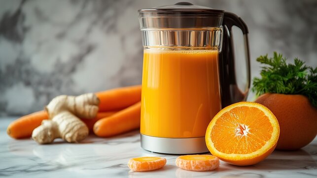 Slow Juicer with Oranges, Carrots and Ginger on Marble Counter, Half-Filled Glass of Fresh Juice Beside It, Right Half Soft Pastel Negative Space, Wellness Detox Concept