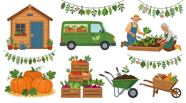 Backyard Permaculture Home Harvesting Vector Bundle Showcasing Organic Produce and Garden Shed Icons Crafted for Textless Farmers Market Templates