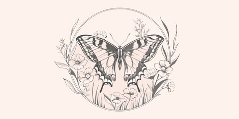 Butterfly and floral arrangement a grayscale vector illustration © Sabuj