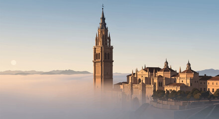 Fototapeta premium Digital illustration of the Primate Cathedral of Saint Mary of Toledo with the tall Gothic bell tower and stone facade rising above a thick blanket of morning fog at sunrise.