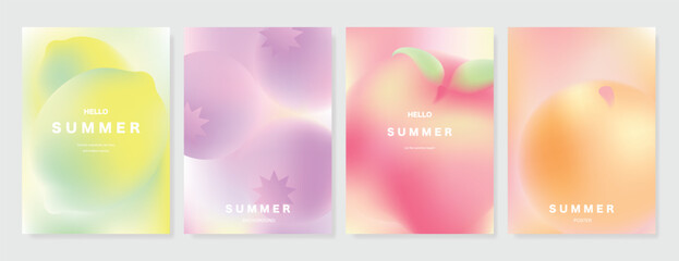 Obraz premium Abstract colorful gradient fruit card background set. Minimalist poster with watermelon, orange, lemon. Modern summer and spring wallpaper design for drink menu, promotion, beverages, ads.