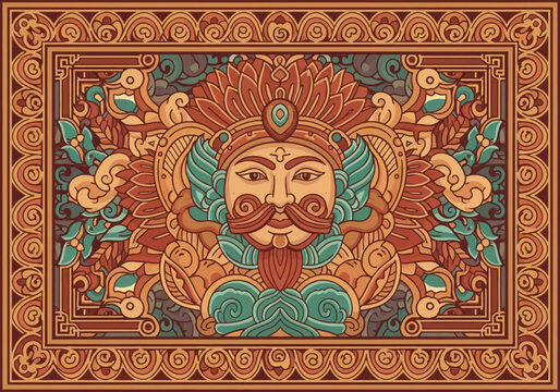 Detailed vector illustration of a mythological deity figure with a large mustache and ornate crown, framed by traditional oriental floral patterns and symmetrical borders in earth tones.