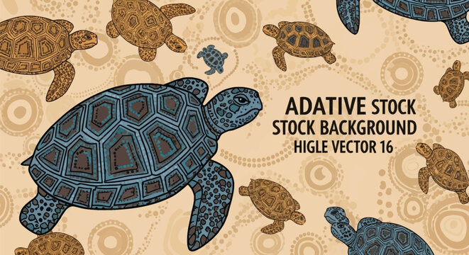 Detailed vector illustration of sea turtles with patterned shells swimming across a beige background featuring traditional Australian Aboriginal dot art and circular motifs.