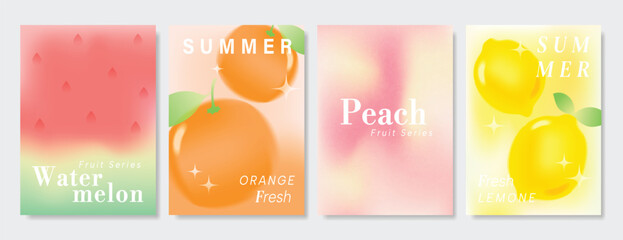 Obraz premium Abstract colorful gradient fruit card background set. Minimalist poster with watermelon, orange, lemon. Modern summer and spring wallpaper design for drink menu, promotion, beverages, ads.