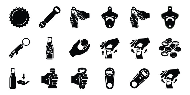 Bottle opener and soda cap removal action steps icon set for beverage service flat vector design.