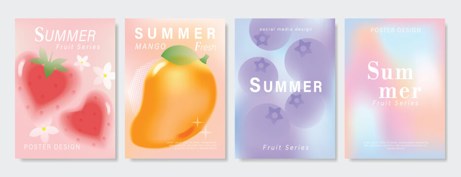Abstract colorful gradient fruit card background set. Minimalist poster with watermelon, orange, lemon. Modern summer and spring wallpaper design for drink menu, promotion, beverages, ads.