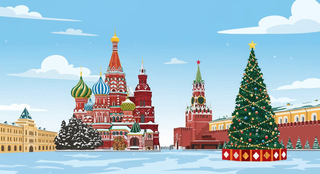 Flat vector illustration of Red Square in Moscow featuring Saint Basil's Cathedral with onion domes, the Kremlin Spasskaya Tower, and a decorated Christmas tree on a snowy day.
