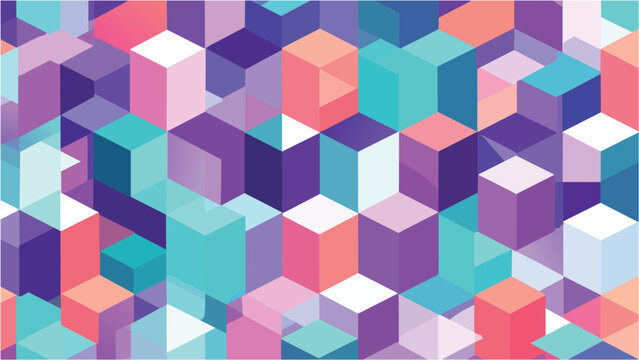 Vibrant colorful 3D isometric cube seamless pattern with purple, teal, pink, and white blocks, dynamic geometric design for wallpaper, textile, and digital backgrounds.