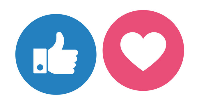 like and love icon button set thumbs up and heart icons in circle button shapes for social media engagement post reaction approval and favorite interaction UI interface design elements