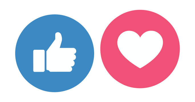 like and love icon button set thumbs up and heart icons in circle button shapes social media notification symbols emoji post reactions collection approval favorite signs clean vector
