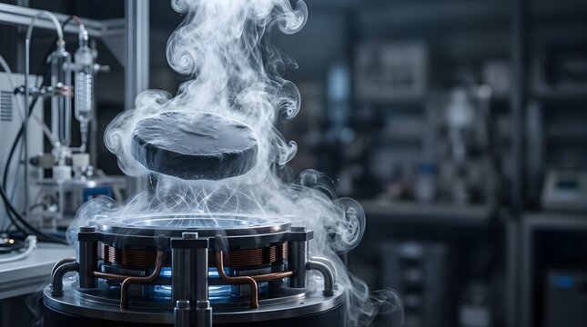 Superconducting magnet levitating a disc in a cold laboratory experiment