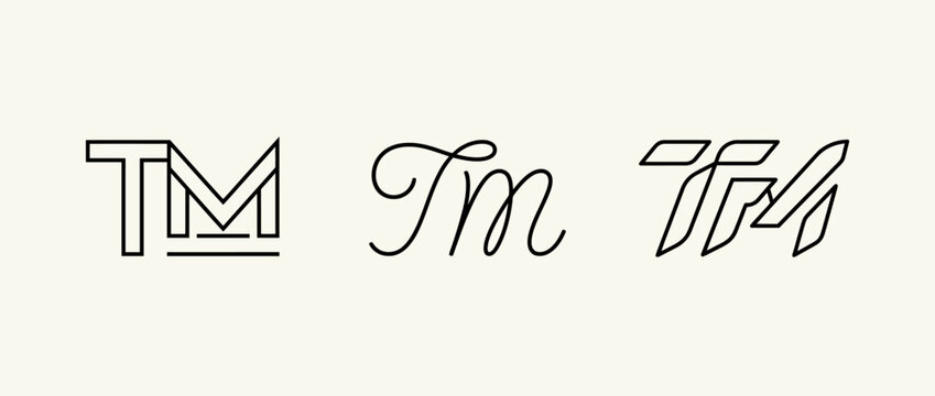 Three variations of a monogram logo design featuring the letters t and m in different typographic styles