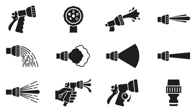 Garden hose spray nozzle patterns vector illustration with watering gun settings and sprayer heads.