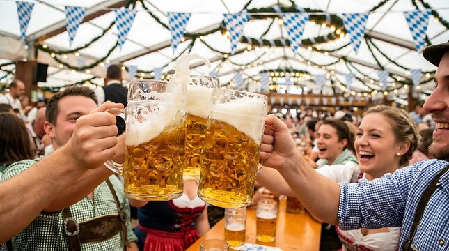 People celebrating Oktoberfest with large beer steins in a tent.