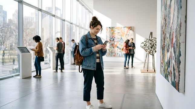 Woman using smartphone in art gallery, contemporary exhibits