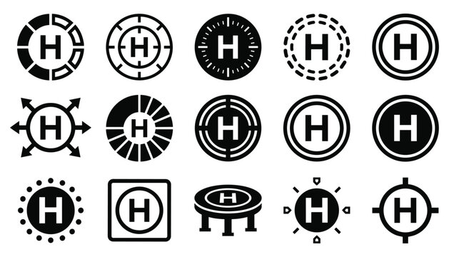 Helipad landing zone location signs flat vector illustration set for helicopter aviation navigation.