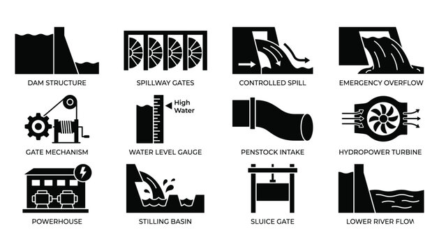 Dam structure and hydropower generation system flat vector illustration set for energy production.