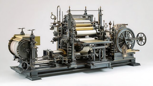 Mechanical printing press model from 1800s, white background
