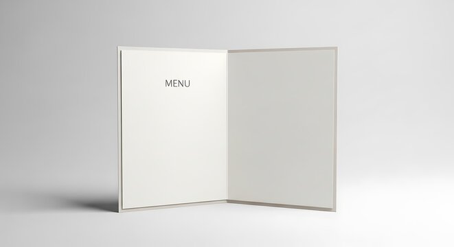 Open blank restaurant menu card mockup with white paper pages, standing on a plain grey background